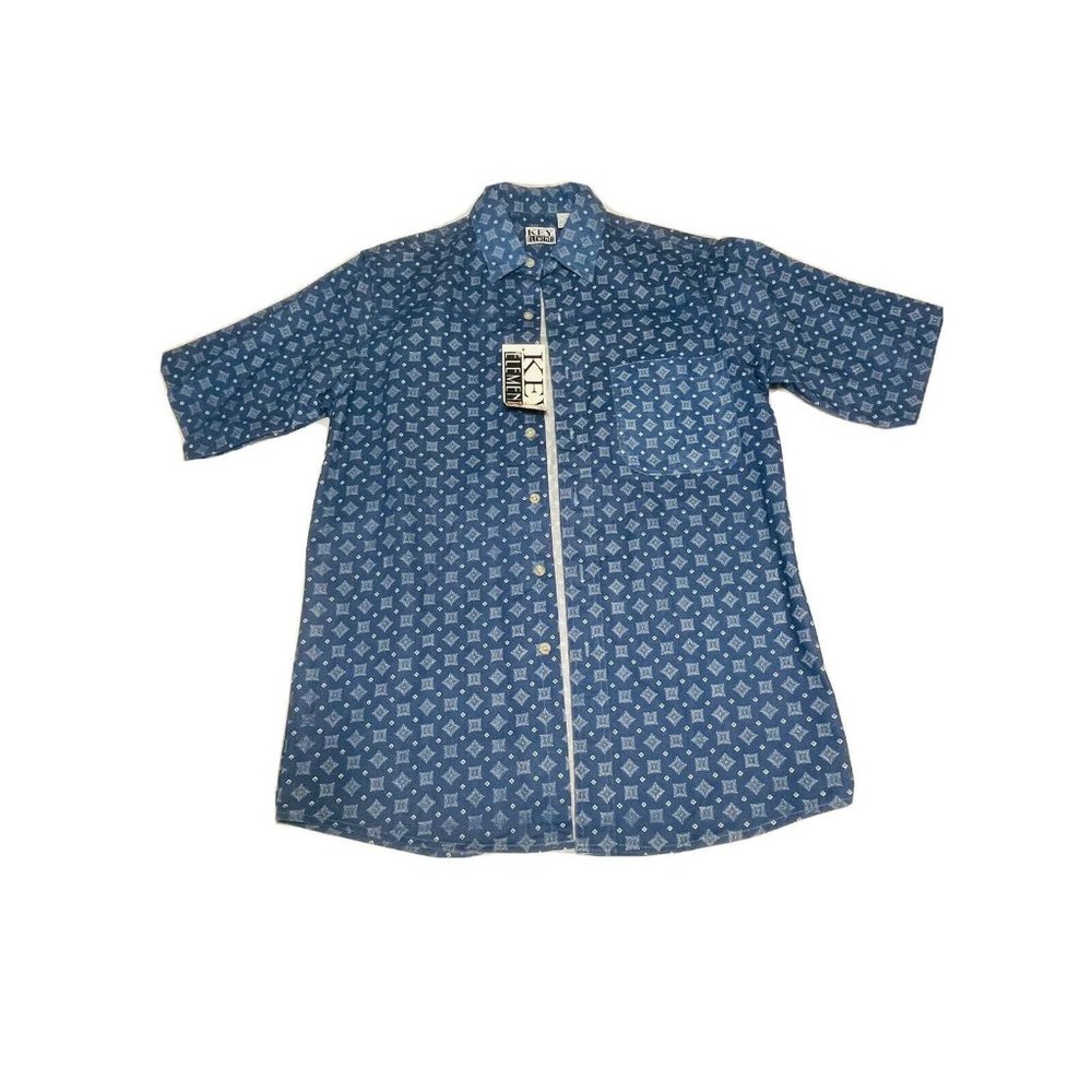 KEY Elements Vintage Short Sleeve Button Down Shirt Blue White Retro M Cotton - Picture 2 of 9